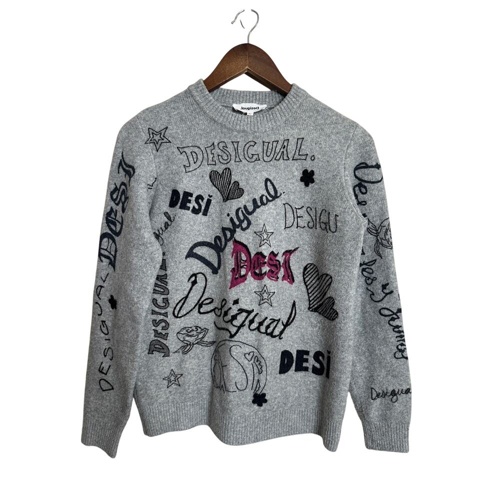 Desigual Paloma Logo Print Knit Sweater Womans L Wool Blend
